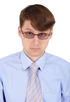 Portrait of man in glasses isolated on white background