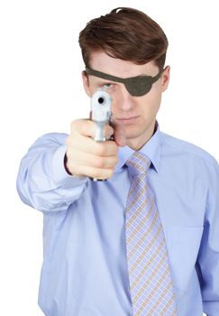 Terrible man aiming a gun isolated on white background