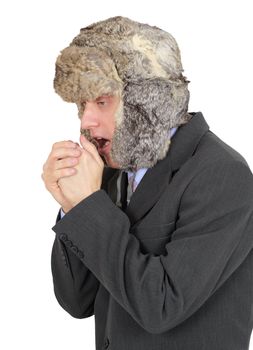 Freezing businessman in fur hat isolated on white background