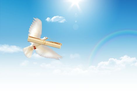 A free flying white dove with a letter isolated on a blue sky background.