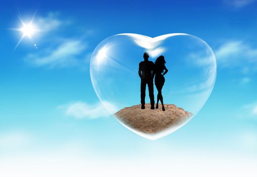 Loved couples in the heart on the sky background