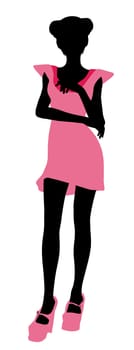 A girl silhouette fashionably dressed in a pink dress on a white background