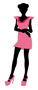A girl silhouette fashionably dressed in a pink dress on a white background