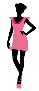 A girl silhouette fashionably dressed in a pink dress on a white background