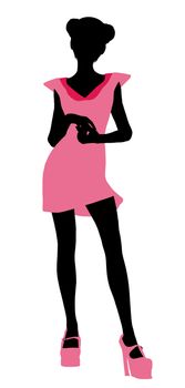 A girl silhouette fashionably dressed in a pink dress on a white background