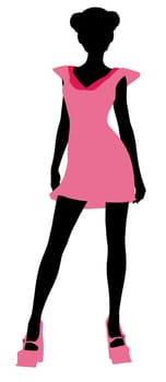 A girl silhouette fashionably dressed in a pink dress on a white background