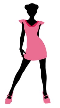 A girl silhouette fashionably dressed in a pink dress on a white background