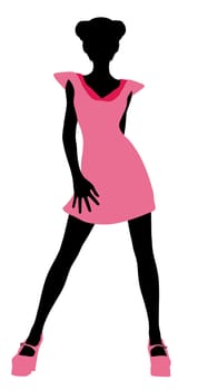 A girl silhouette fashionably dressed in a pink dress on a white background
