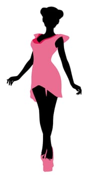 A girl silhouette fashionably dressed in a pink dress on a white background