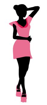 A girl silhouette fashionably dressed in a pink dress on a white background
