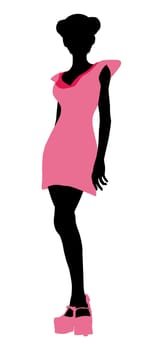 A girl silhouette fashionably dressed in a pink dress on a white background