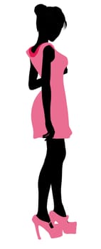 A girl silhouette fashionably dressed in a pink dress on a white background