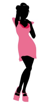 A girl silhouette fashionably dressed in a pink dress on a white background