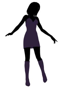 A girl silhouette fashionably dressed in a purple dress on a white background