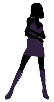 A girl silhouette fashionably dressed in a purple dress on a white background