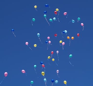 Many helium party balloons floating skyward