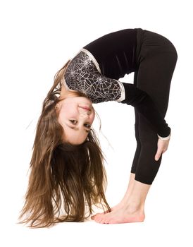 Young girl doing gymnastics isolated on white background