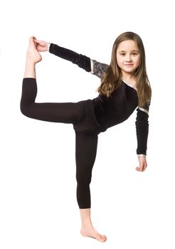 Young girl doing gymnastics isolated on white background