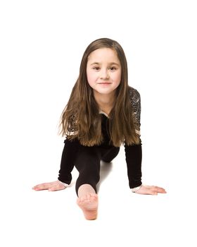 Young girl doing gymnastics isolated on white background