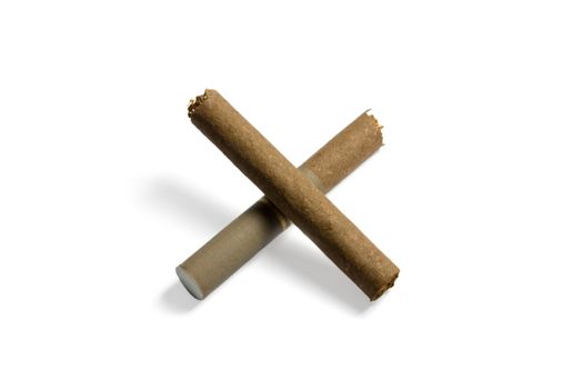 Cigarette forming cross.Anti-smoking image, isolated in white background.