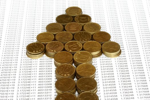 Golden Coins in Arrow Stack in numbers progression background - concept for growth and investment.