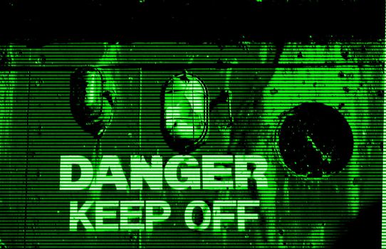 scene in the style of night vision imaging of a structure with the words danger keep off