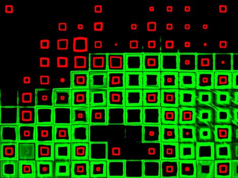 Black background with groovy retro style red and green squares