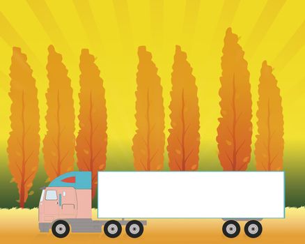 Truck in an autumn landscape. Space on the truck for adding text.