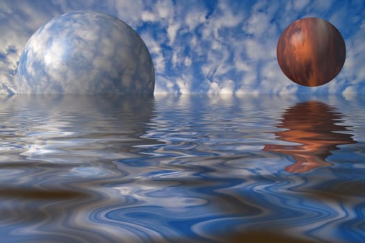 Two orbs of different sky on cloudy background with reflection