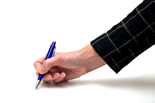 Female hand with blue pen