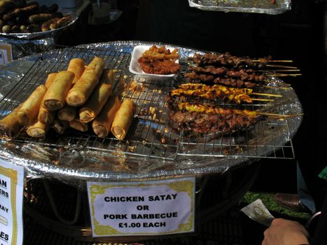 chicken satay and spring rolls. Outside catering at Thai Culture Festival