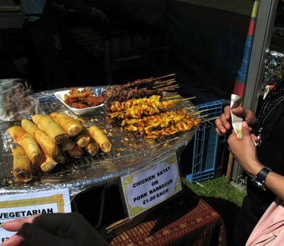 chicken satay and spring rolls. Outside catering at Thai Culture Festival