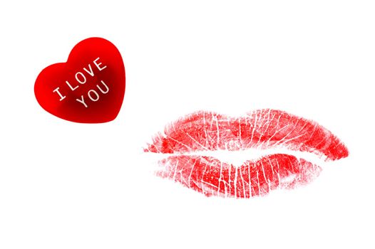 Red heart with I Love You message and lipstick kiss isolated on white