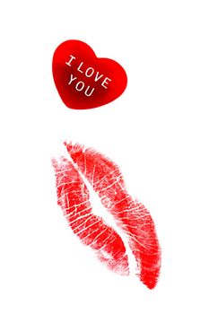 Red heart with I Love You message and lipstick kiss isolated on white