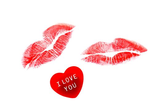Red heart with I Love You message with two lipstick kisses isolated on white