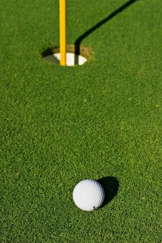 Golf ball on green, near hole.