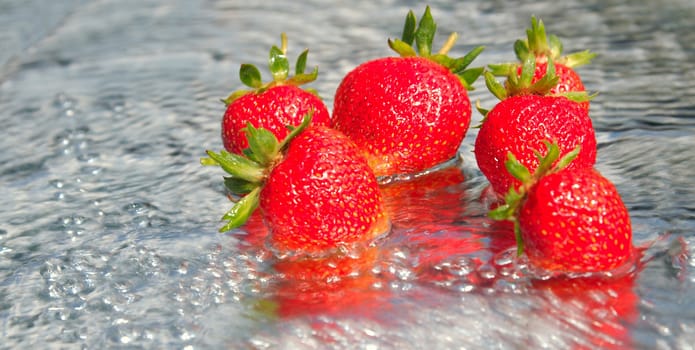 The first ripened strawberry on a background of the blue sky