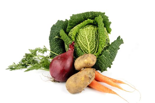 Single green raw cabbage with a single red onion, potatoes and carrots on a reflective white background