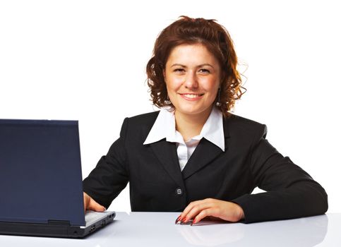 Portrait of a business woman working on a laptop over white background