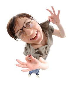 Fisheye portrait of woman in big glasses