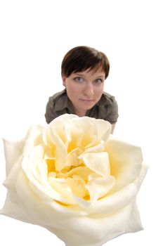 Fisheye studio portrait of woman with rose