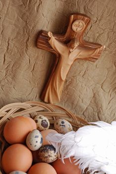 Easter eggs,wings and crucifixion close up