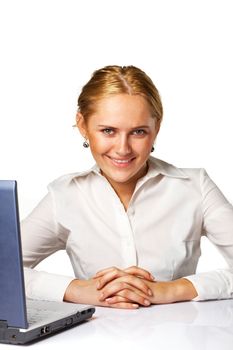 Image of a happy business woman smiling against white background