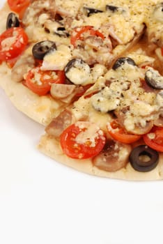 Close up at italian pizza with tomatoes and olive.