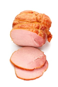 A close-up picture of ham with two cutted slices. The file includes a clipping path.  Professionally retouched high quality image.