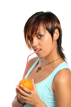 beauty girl with orange on white