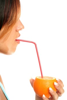 beautiful girl with sliced orange on white