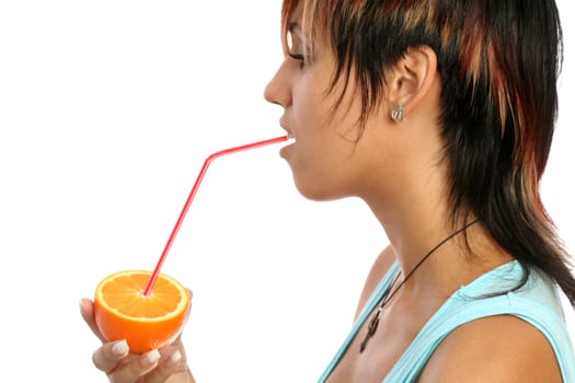 beautiful girl with sliced orange on white