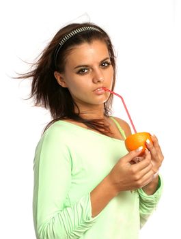 beautiful girl with sliced orange on white