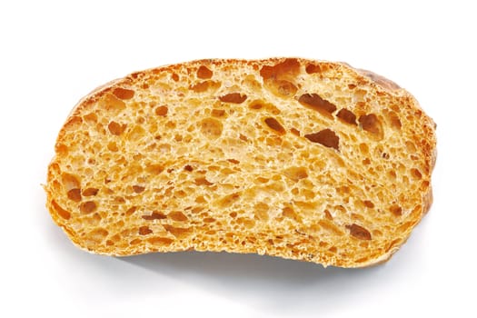 Closeup texture of section of ciabatta on white background. The file includes a clipping path.  Professionally retouched high quality image.